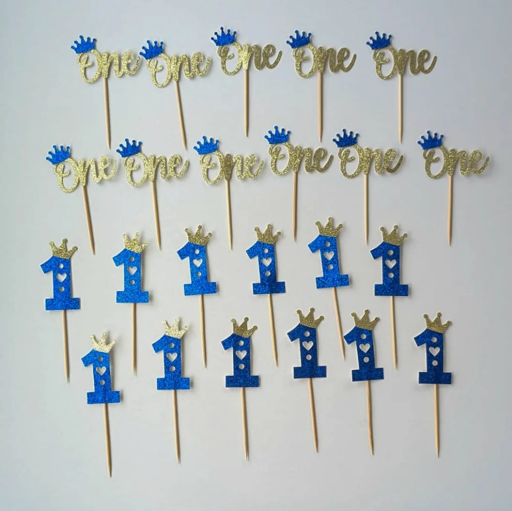 First Birthday Cupcake Toppers - Glitter One Crown Heart Cupcake Picks, 23-Piece
